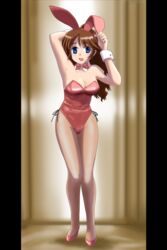  animal_ears blue_eyes breasts brown_hair bunny_ears bunny_girl bunny_tail bunnysuit female fishnets high_heels kitazaki_mayuki long_hair original pantyhose side_boob sideboob smile solo standing tail wide_hips 