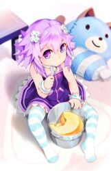  aged_down bucket choker commentary_request d-pad d-pad_hair_ornament dogoo eating female food food_on_face hair_ornament highres looking_at_viewer looking_up neptune_(neptunia) neptune_(series) pudding purple_eyes purple_hair revision segamark short_hair sitting solo spoon striped_clothes striped_thighhighs stuffed_toy thighhighs 