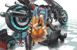  aqua_eyes aqua_hair boots gloves hatsune_miku headphones motorcycle thighhighs torn_clothes twintails vocaloid zhouran 