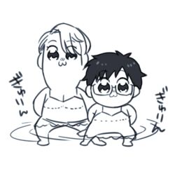  2boys :3 bad_id bad_pixiv_id bkub_(style) commentary_request crossdressing dress glasses greyscale hory_makoto katsuki_yuuri male_focus monochrome multiple_boys parody poptepipic poptepipic_pose style_parody translation_request viktor_nikiforov yuri!!!_on_ice 