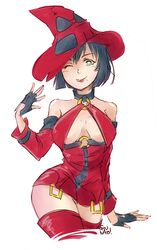  ;q bare_shoulders black_hair boots breasts choker contrapposto cowboy_shot criss-cross_halter cropped_legs detached_sleeves female fingerless_gloves gloves green_eyes guilty_gear halterneck hat highres i-no large_breasts looking_at_viewer lyn_(shunao) mole mole_under_mouth one_eye_closed protected_link red_footwear red_hat short_hair sideboob solo standing thigh_boots tongue tongue_out witch_hat 