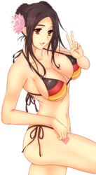  2girls bad_id bad_pixiv_id bikini black_hair breasts brown_eyes cleavage condom condom_wrapper flag flag_print flower german_flag german_flag_bikini german_flag_print green_kaminari hair_flower hair_ornament highres holding holding_condom large_breasts looking_at_viewer multiple_girls muv-luv muv-luv_alternative muv-luv_total_eclipse navel open_mouth pham_thi_ran print_bikini schwarzesmarken short_hair side-tie_bikini_bottom smile standing standing_on_one_leg swimsuit teeth transparent_background v 