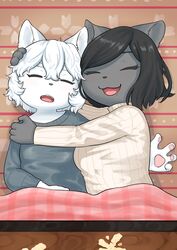  848siba black_hair canine closed_eyes furry hugging multiple_girls open_mouth short_hair sleeping white_hair 