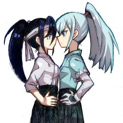  147 2girls blue_hair breast_contest breast_press breasts character_request commentary_request eye_contact face-to-face gloves hakama hakama_skirt hands_on_own_hips inazuma_eleven_(game) inazuma_eleven_(series) inazuma_eleven_go inazuma_eleven_go_chrono_stone japanese_clothes long_hair looking_at_another medium_breasts multiple_girls noses_touching ponytail profile simple_background skirt standing symmetrical_docking white_background 