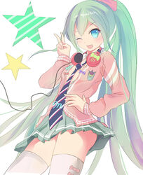  aqua_eyes commentary_request female green_hair gumo hand_on_own_hip hatsune_miku headphones headphones_around_neck long_hair necktie oerba_yun_fang one_eye_closed open_clothes open_mouth open_shirt project_diva_(series) project_diva_f ribbon_girl_(module) shirt skirt solo star_(symbol) thighhighs v very_long_hair vocaloid white_background 