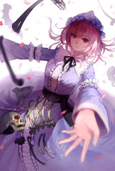  bad_id bad_pixiv_id cherry_blossoms female hat highres hitodama hoshimawa japanese_clothes light_smile lips outstretched_arms petals photoshop_(medium) pink_hair red_eyes ribbon saigyouji_yuyuko short_hair skeleton skull smile touhou triangular_headpiece 