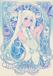  :d art_nouveau beamed_eighth_notes blue_eyes blue_hair blue_necktie blue_ribbon character_name commentary detached_sleeves female gradient_hair hair_ornament happy hatsune_miku highres long_hair looking_away maronie. multicolored_hair musical_note necktie open_mouth own_hands_together parody photoshop_(medium) rabbit rabbit_yukine ribbon shirt sleeveless sleeveless_shirt smile snow_rabbit snowflake_hair_ornament snowflake_print snowflakes solo star_(symbol) style_parody twintails upper_body very_long_hair vocaloid white_hair white_shirt yuki_miku yuki_miku_(2010) 