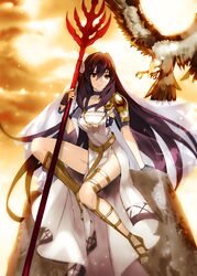  alternate_costume bad_id bad_pixiv_id bird breasts colorized eagle fate/grand_order fate_(series) female highres large_breasts long_hair polearm purple_hair red_eyes rikusempai scathach_(fate) solo spear veil weapon 