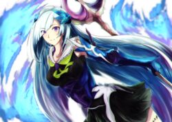  asymmetrical_bangs blue_hair breasts brynhildr_(fate) brynhildr_romantia closed_mouth commentary_request fate/grand_order fate/prototype fate/prototype:_fragments_of_blue_and_silver fate_(series) female highres holding holding_weapon long_hair looking_at_viewer medium_breasts otsunabe_(naabe_delta) polearm skirt sleeveless smile solo spear weapon 