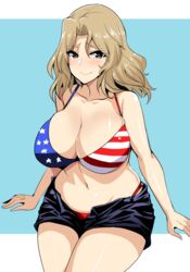  american_flag american_flag_bikini american_flag_print arms_at_sides bare_arms bare_shoulders bikini bikini_under_clothes black_shorts blonde_hair blue_eyes blush breasts closed_mouth collarbone commentary_request female flag_print girls_und_panzer hifumi_hajime highres invisible_chair kay_(girls_und_panzer) large_breasts long_hair navel no_shirt parted_bangs print_bikini raised_eyebrows short_shorts shorts sitting skindentation smile solo stomach sweat swimsuit textless_version two-tone_background variant_set wet 