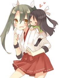  2girls =_= absurdres age_difference aged_down bad_id bad_twitter_id brown_eyes chibi closed_eyes commentary_request finger_to_mouth grey_hair hair_between_eyes hair_ribbon heart height_difference highres japanese_clothes kantai_collection katsuragi_(kancolle) long_hair messy_hair mini_person minigirl miniskirt multiple_girls open_mouth orqz pleated_skirt red_skirt ribbon sitting_on_shoulder skirt twintails zuikaku_(kancolle) 