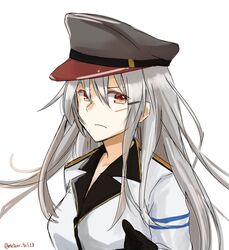  bad_id bad_twitter_id black_gloves breasts epaulettes female gangut_(kancolle) gloves grey_hair hair_between_eyes hat highres jacket kantai_collection large_breasts long_hair long_sleeves looking_at_viewer military military_hat military_jacket military_uniform oktyabrskaya_revolyutsiya_(kancolle) pei_chi red_eyes scar scar_on_cheek scar_on_face simple_background solo twitter_username uniform white_background 