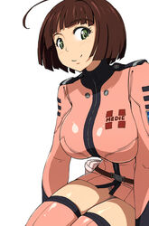  ahoge bad_id bad_pixiv_id belt breasts brown_hair commentary_request female green_eyes harada_makoto large_breasts looking_at_viewer medic pink_thighhighs shimazu_tekkou short_hair simple_background sitting smile solo thighhighs thighs uchuu_senkan_yamato uchuu_senkan_yamato_2199 white_background 