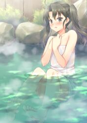  ahoge bath bathing blush commentary_request feet female green_eyes grey_hair highres kantai_collection long_hair minakami_nagara naked_towel onsen outdoors partially_submerged rock sitting soles solo steam toes towel twintails water wet zuikaku_(kancolle) 