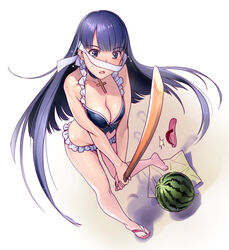  bare_arms bare_legs bare_shoulders barefoot bikini black_bikini blindfold blindfold_slip blue_eyes blunt_bangs bokken breasts choker cleavage commentary_request cross cross_choker fate/grand_order fate_(series) female flip-flops food frilled_bikini frills fruit full_body holding holding_sword holding_weapon jewelry leg_up long_hair martha_(fate) martha_(swimsuit_ruler)_(fate) medium_breasts mismatched_bikini nekomata_naomi pendant purple_hair sandals shadow simple_background solo standing standing_on_one_leg straight_hair suikawari sweatdrop swimsuit sword two-handed unworn_sandals very_long_hair watermelon weapon white_background white_bikini white_blindfold wooden_sword 