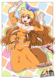  anniversary blonde_hair blue_neckwear bow breasts brown_eyes commentary_request detached_sleeves dress drill_hair drill_sidelocks female hair_ribbon hairband highres jane_maxwell koharu_sasara long_hair open_mouth orange_dress orange_sleeves ribbon sidelocks smile solo waist_bow wild_arms wild_arms_1 