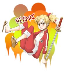  bad_id bad_pixiv_id bleach blonde_hair character_name commentary_request female flat_chest freckles full_body hair_ornament hairclip katana oerba_yun_fang okappixv orange_eyes pants pants_rolled_up sandals sarugaki_hiyori short_twintails solo sword toes track_suit transparent_background twintails weapon 