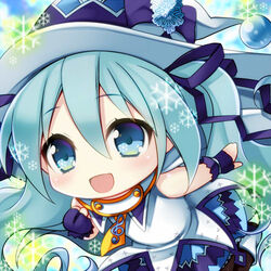  aqua_eyes aqua_hair chibi commentary_request female hat hatsune_miku long_hair lowres open_mouth skirt snowflakes solo suki!_yuki!_maji_magic_(vocaloid) uzu_hi vocaloid witch_hat yuki_miku yuki_miku_(2014) 