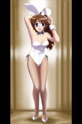  animal_ears blue_eyes bow bowtie breasts brown_hair bunny_ears bunny_girl bunny_tail bunnysuit female fishnets high_heels kitazaki_mayuki long_hair original pantyhose side_boob sideboob smile solo standing tail wide_hips 