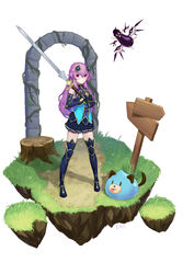  adult_neptune alternate_costume armor blush boots breastplate commentary_request dogoo eggplant female four_goddesses_online:_cyber_dimension_neptune full_body gloves hair_between_eyes hair_ornament highres holding holding_sword holding_weapon long_hair looking_at_viewer magiquone neptune_(series) pleated_skirt purple_eyes purple_hair seewlee signature skirt smile sword thigh_boots thighhighs weapon 