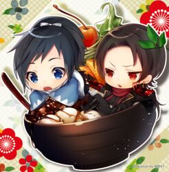  2boys adzuma_nishi anmitsu_(dessert) black_hair blue_eyes boots bowl brown_hair cherry chibi commentary_request food fruit in_bowl in_container in_food japanese_clothes kashuu_kiyomitsu male_focus mole mole_under_eye mole_under_mouth multiple_boys orange_(fruit) orange_slice ponytail red_eyes scarf touken_ranbu yamato-no-kami_yasusada 