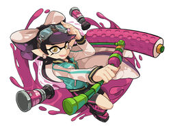  +_+ callie_(splatoon) commentary english_commentary female goggles goggles_on_head gomipomi hat ink inkling looking_at_viewer photoshop_(medium) pointy_ears solo splat_roller_(splatoon) splatoon_(series) splatoon_1 suction_bomb_(splatoon) tentacle_hair 