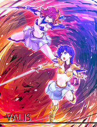  2girls :o armor asou_yuuko battle bikini_armor blue_eyes blue_hair boots commentary_request copyright_name dark_valis duel full_body highres kirishima_reiko knee_boots long_hair midriff miniskirt mugen_senshi_valis multicolored_background multiple_girls navel red_hair red_scarf scarf short_hair skirt sword tamago_tomato valis weapon 