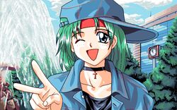  4bpp cap clock cross female fountain game_cg green_hair hairband hat looking_at_viewer nitou_misaki oldschool only_you outdoors pc98 sky solo tree v wink 