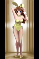  animal_ears blue_eyes bow bowtie breasts brown_hair bunny_ears bunny_girl bunny_tail bunnysuit female fishnets high_heels kitazaki_mayuki long_hair original pantyhose side_boob sideboob smile solo standing tail 