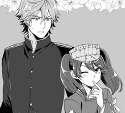  1boy ;o admiral_arisugawa bad_id bad_twitter_id blush buttons collarbone female finger_to_mouth flower greyscale height_difference hibiscus index_finger_raised kantai_collection long_sleeves looking_at_another looking_at_viewer magatama military military_uniform monochrome nagomi_(mokatitk) naval_uniform one_eye_closed parted_lips personality_switch ryuujou_(kancolle) sweatdrop twintails uniform upper_body visor_cap 