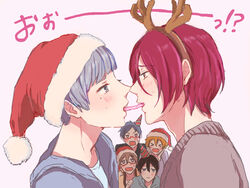  &gt;_&lt; 6+boys antlers awawa_(752826) bad_id bad_pixiv_id black_hair blonde_hair blue_eyes blue_hair blush brown_hair christmas closed_eyes free! glasses grey_hair hat hazuki_nagisa horns imminent_kiss male_focus matsuoka_rin mole mole_under_eye multiple_boys nanase_haruka_(free!) nitori_aiichirou red-framed_eyewear reindeer_antlers ryuugazaki_rei santa_hat tachibana_makoto yaoi 