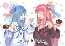  2girls :d :o abstract_background bare_shoulders blue_flower blue_hair blue_ribbon blue_rose blunt_bangs blush breasts closed_eyes commentary_request detached_sleeves doonatsu. dress feeding flower food fork hair_ribbon hair_tie happy_birthday highres holding holding_fork holding_plate kotonoha_akane kotonoha_aoi long_hair long_sleeves multiple_girls open_mouth plate pudding red_flower red_hair red_ribbon red_rose ribbon rose siblings sidelocks sisters small_breasts smile straight_hair triangle upper_body very_long_hair voiceroid white_dress 