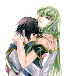  1boy between_breasts black_hair breasts c.c. closed_eyes code_geass commentary_request covered_mouth detached_sleeves eyebrows female from_side green_hair hair_between_eyes hand_on_another&#039;s_shoulder head_between_breasts hug jewelry lelouch_vi_britannia long_hair meimi_k parted_lips photoshop_(medium) simple_background straight upper_body white_background yellow_eyes 