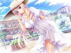  bertille_althusser blonde_hair blue_eyes breasts cleavage cloud clouds dress drill_hair female fountain highres komori_kei legs long_hair solo twin_drills very_long_hair walkure_romanze walkure_romanze_more_&amp;_more 