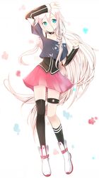  arm_up asymmetrical_legwear black_legwear blue_eyes chinese_commentary commentary_request detached_sleeves female guanghe_zuoyong_de_de_yezi ia_(vocaloid) long_hair pink_skirt pleated_skirt skirt socks solo thighhighs uneven_legwear very_long_hair vocaloid white_hair 