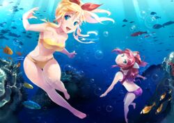  2girls air_bubble bad_id bad_pixiv_id bandeau barefoot bikini blonde_hair blue_eyes bubble coral fish freediving kanotuki long_hair marin_(umi_monogatari) multiple_girls ocean ponytail red_hair swimming swimsuit umi_monogatari underwater urin_(umi_monogatari) 