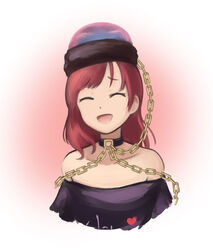  agsagreen bare_shoulders black_hat black_shirt closed_eyes clothes_writing collar commentary_request female gradient_background happy hat hecatia_lapislazuli long_hair off-shoulder_shirt off_shoulder open_mouth pink_background red_hair shirt short_sleeves smile solo swept_bangs touhou upper_body white_background 