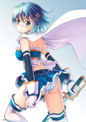  armband artist_name ass back blue_eyes blue_hair cape commentary_request female fortissimo gloves hair_ornament hairclip highres looking_at_viewer looking_back magical_girl mahou_shoujo_madoka_magica mahou_shoujo_madoka_magica_(anime) mahou_shoujo_madoka_magica_movie_1_&amp;_2 miki_sayaka miki_sayaka_(magical_girl) musical_note musical_note_hair_ornament number10_(hagakure) panties pantyshot photoshop_(medium) short_hair skirt solo sweat sword tears thighhighs underwear weapon 