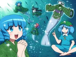  4girls :d air_bubble animal_ears artistic_error barefoot black_hair blue_eyes blue_hair blush bow braid bubble cat_ears charm_(object) commentary cosplay diving_suit dress drill_hair fins fish hair_bobbles hair_ornament hat imaizumi_kagerou indian_style kawashiro_nitori key long_hair multiple_girls open_mouth own_hands_clasped own_hands_together oxygen_mask oxygen_tank propeller prosthesis red_eyes ribbon rope sash scuba_gear sekibanki shirosato short_hair sitting smile sparkle teeth touhou twin_drills two_side_up underwater wakasagihime wakasagihime_(cosplay) 