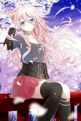  asymmetrical_legwear black_legwear blue_eyes cherry_blossoms chinese_commentary commentary_request female guanghe_zuoyong_de_de_yezi highres ia_(vocaloid) kneehighs long_hair on_railing outdoors photoshop_(medium) pink_hair pink_skirt pleated_skirt railing sitting skirt socks solo thighhighs uneven_legwear vocaloid 