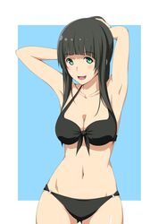  armpits bikini black_bikini black_hair blunt_bangs collarbone commentary_request female flying_witch front-tie_top green_eyes highres kowata_makoto long_hair looking_at_viewer navel o-ring o-ring_bottom sanohiramugi sidelocks smile solo straight_hair swimsuit 