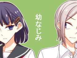  1boy bad_id bad_pixiv_id black_hair blue_eyes brown_hair female hair_ornament hairclip kaga_yuuki lowres nanase_kaoru school_uniform serafuku short_hair translated tsurezure_children wakabayashi_toshiya 