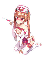  bad_id bad_pixiv_id bare_shoulders blush breasts cleavage cleavage_cutout closed_mouth clothing_cutout collarbone commentary_request cross_cutout dress elbow_gloves female fingerless_gloves gloves hair_between_eyes hand_up hat highres holding holding_syringe kneeling large_breasts light_brown_hair long_hair low_twintails newey no_shoes nose_blush nurse nurse_cap original photoshop_(medium) red_eyes short_dress simple_background soles solo stirrup_legwear strapless strapless_dress syringe toeless_legwear twintails very_long_hair white_background white_dress white_gloves white_hat white_legwear 