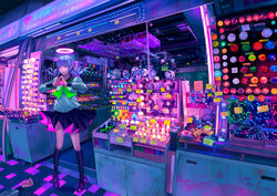  colorful commentary_request female halo kneehighs lamp light_bulb loafers long_hair nail_polish original pink_eyes purple_hair school_uniform scrunchie serafuku shoes sign skirt socks solo_focus standing storefront tiptoes twintails when_you_see_it zain 