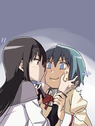  2girls akemi_homura akemi_homura_(magical_girl) anger_vein bad_id bad_pixiv_id black_hair blue_eyes blue_hair blush hairband hands_on_another&#039;s_cheeks hands_on_another&#039;s_face imminent_kiss long_hair magical_girl mahou_shoujo_madoka_magica mahou_shoujo_madoka_magica_(anime) miki_sayaka mitakihara_school_uniform multiple_girls puckered_lips purple_eyes school_uniform short_hair tears yoplait yuri 