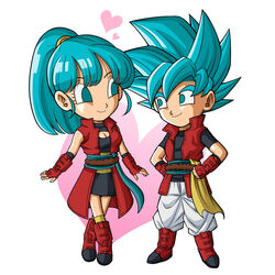  1boy beat_(dragon_ball) blue_eyes blue_hair boots breasts chibi dragon_ball dragon_ball_heroes female full_body happy karoine note_(dragon_ball) ponytail saiyan shiny shiny_skin smile straight super_saiyan super_saiyan_blue tail 