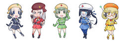  5girls black_hair blonde_hair blue_eyes blue_legwear chibi dororo_(keroro_gunsou) elbow_gloves fingerless_gloves genderswap_(mtf) giroro giroro_(kemono_friends) gloves green_hair grey_hair grin hat kemono_friends keroro keroro_(kemono_friends) keroro_gunsou kneehighs kururu_(keroro_gunsou) lineup long_hair low_ponytail multiple_girls official_art open_mouth personification rule_63 scar scar_on_face semi-rimless_eyewear short_hair simple_background smile socks standing tamama under-rim_eyewear v-shaped_eyebrows white_background white_hair yoshizaki_mine 