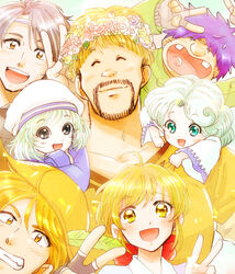  2girls 5boys blonde_hair bobosuke bow clay_s._anderson closed_eyes commentary_request facial_hair fortune_quest green_eyes green_hair grin hat hat_feather head_wreath kitton_(fortune_quest) knoll_(fortune_quest) looking_at_viewer multiple_boys multiple_girls pastel_g._king purple_hair rumy_(fortune_quest) shiro_(fortune_quest) smile trapp_(fortune_quest) v yellow_eyes 