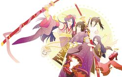  4boys aged_down bad_id bad_pixiv_id black_hair carrying detached_sleeves dual_persona flower ginmu gohei gourd hair_flower hair_ornament hair_stick japanese_clothes jirou_tachi long_hair low-tied_long_hair male_focus multiple_boys oonusa ootachi open_mouth ponytail princess_carry smile sword tarou_tachi time_paradox touken_ranbu weapon yellow_eyes 