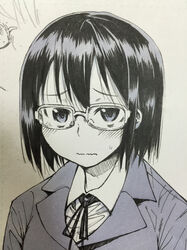  blush closed_mouth commentary_request female glasses monochrome short_hair solo yugami_gooshu 